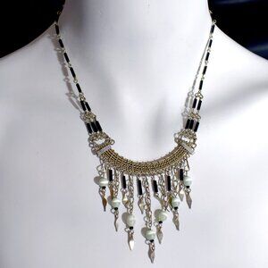 Vintage Handcrafted Silver Scroll  Black and Moonstone Chandelier Necklace